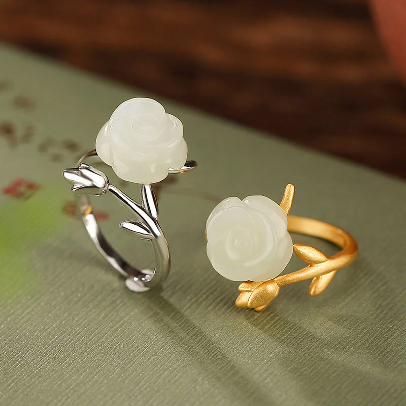 Mocoer 925 Sterling Silver Plated Gold Rose Flower Hetian White Jade Happiness Ring - Mocoer