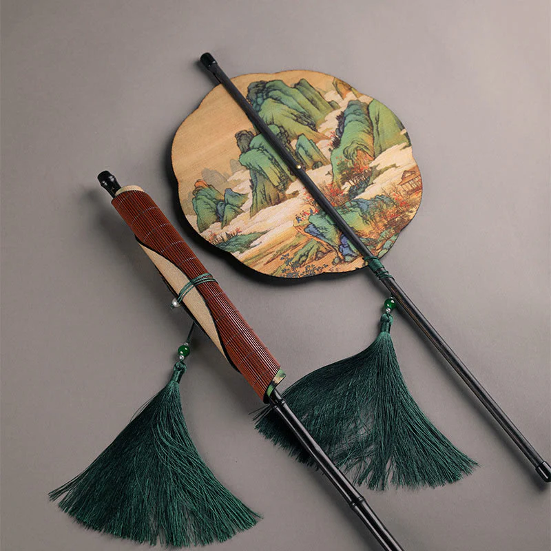 Mocoer Handmade Bamboo Thousand Miles of Rivers and Mountains Long Handle Portable Curlable Fan - Mocoer