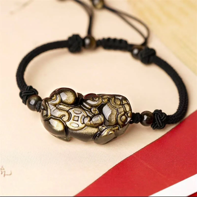 Mocoer Natural Obsidian Amethyst Citrine PiXiu Cooper Coin Wealth Bracelet - Mocoer