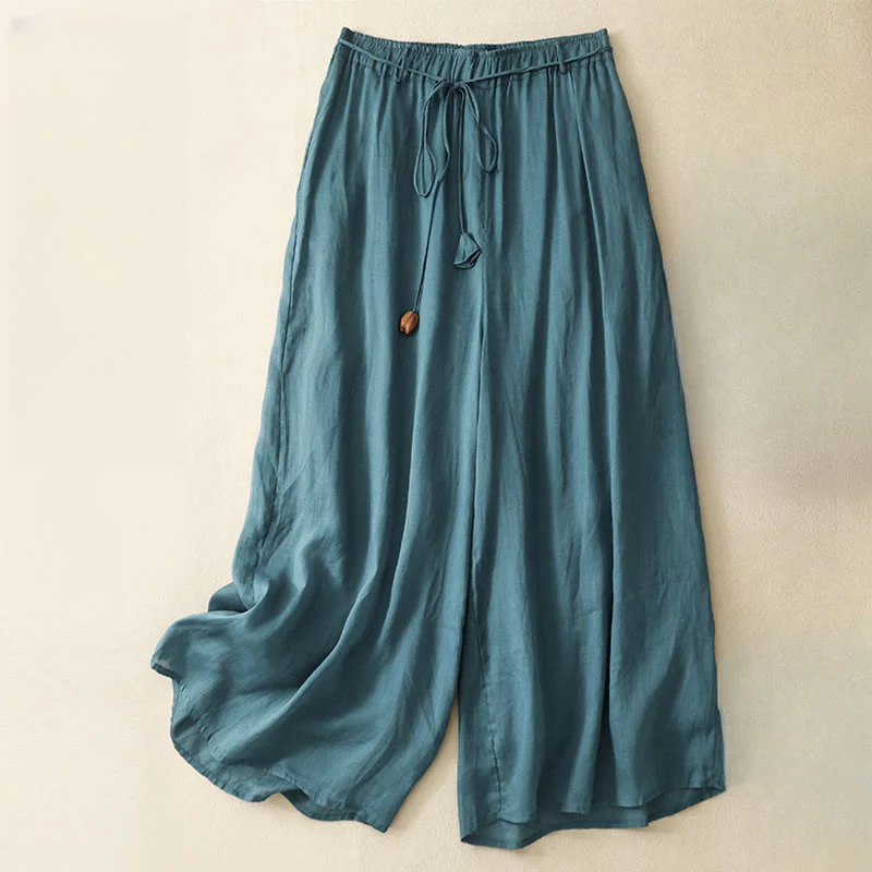 Mocoer Simple Design Drawstring Linen Women's Wide Leg Pants With Pockets - Mocoer
