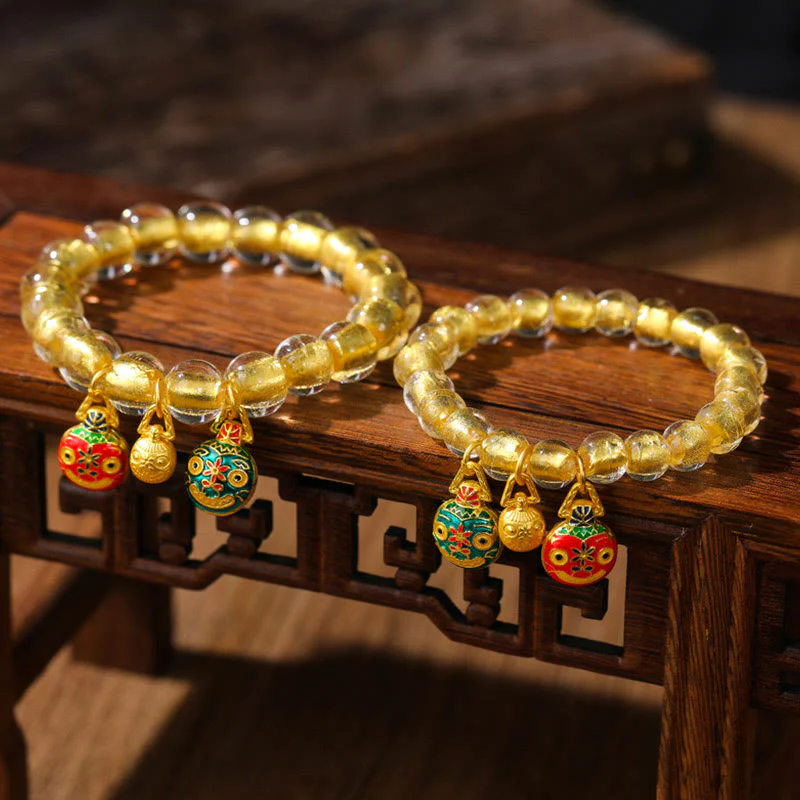 Mocoer Gold Swallowing Beast Family Charm Gold Foil Liuli Glass Bead Fortune Bracelet - Mocoer