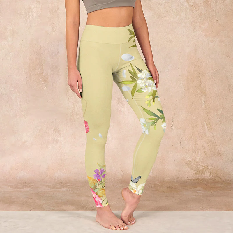 Mocoer Flowers Plants Butterfly Print Fitness Leggings Women's Yoga Pants - Mocoer