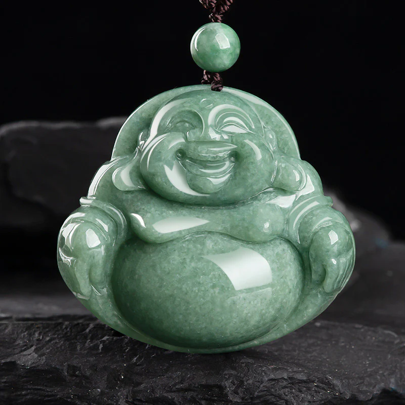 Mocoer Laughing Buddha Cyan Jade Harmony Necklace String Bead Pendant - Mocoer