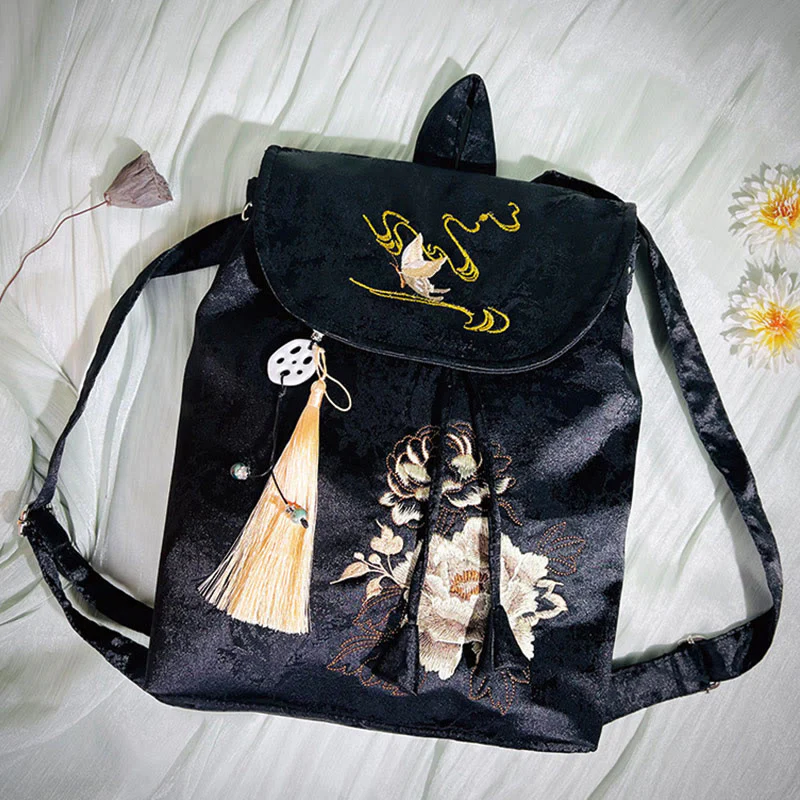Mocoer Handmade Black Peony Embroidered Large Capacity Polyester Cotton Backpack - Mocoer