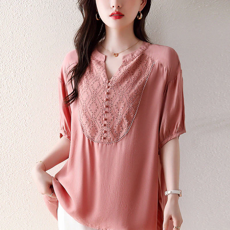 Mocoer V-Neck Pink Buttons Design Half Sleeve T-shirt Tee - Mocoer