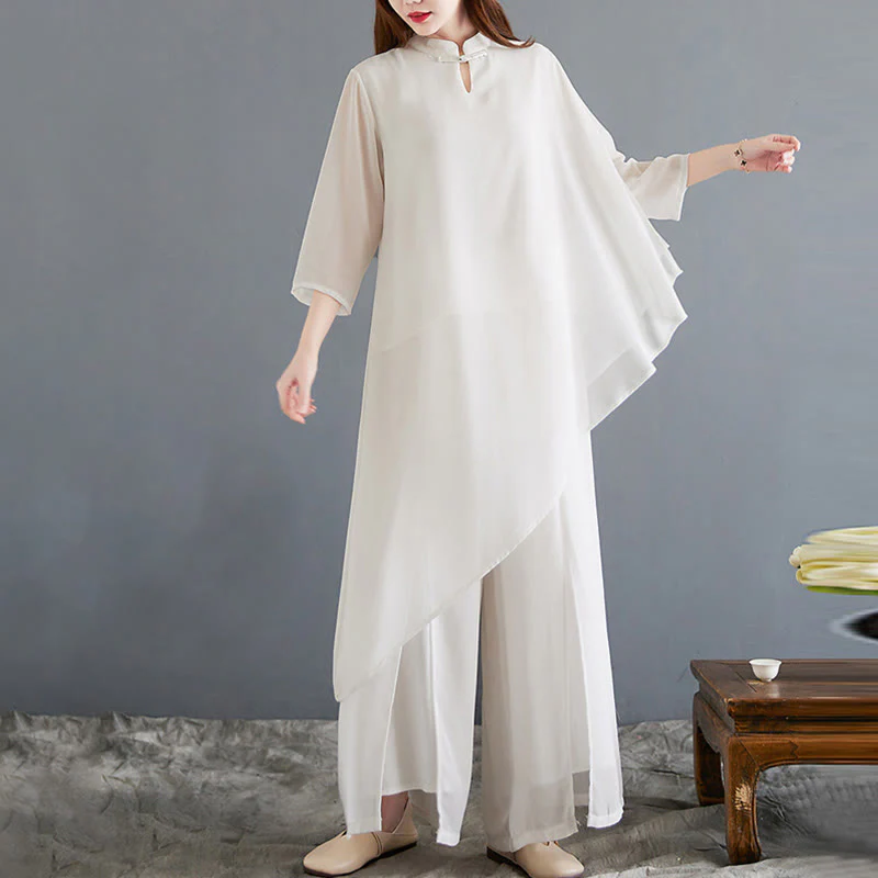 Mocoer 2Pcs Three Quarter Sleeve Irregular Design Shirt Wide Leg Pants Meditation Chiffon Women's Set - Mocoer