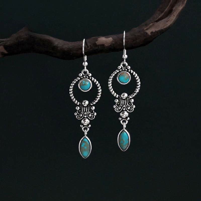 Mocoer 925 Sterling Silver Vintage Turquoise Waterdrop Pattern Balance Drop Dangle Earrings - Mocoer