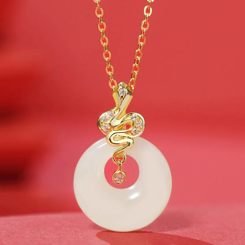 Mocoer 925 Sterling Silver Hetian Jade Year Of The Snake Peace Buckle Luck Blessing Necklace Pendant - Mocoer