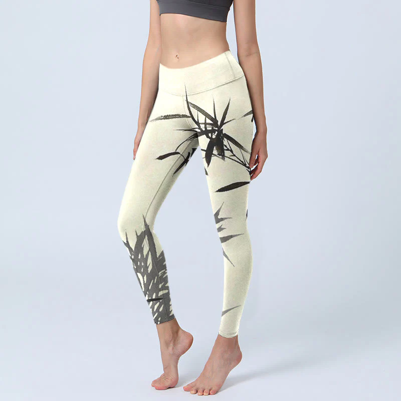 Mocoer Ink Painting Bamboo Leaves Print Sports Leggings Women's Yoga Pants - Mocoer