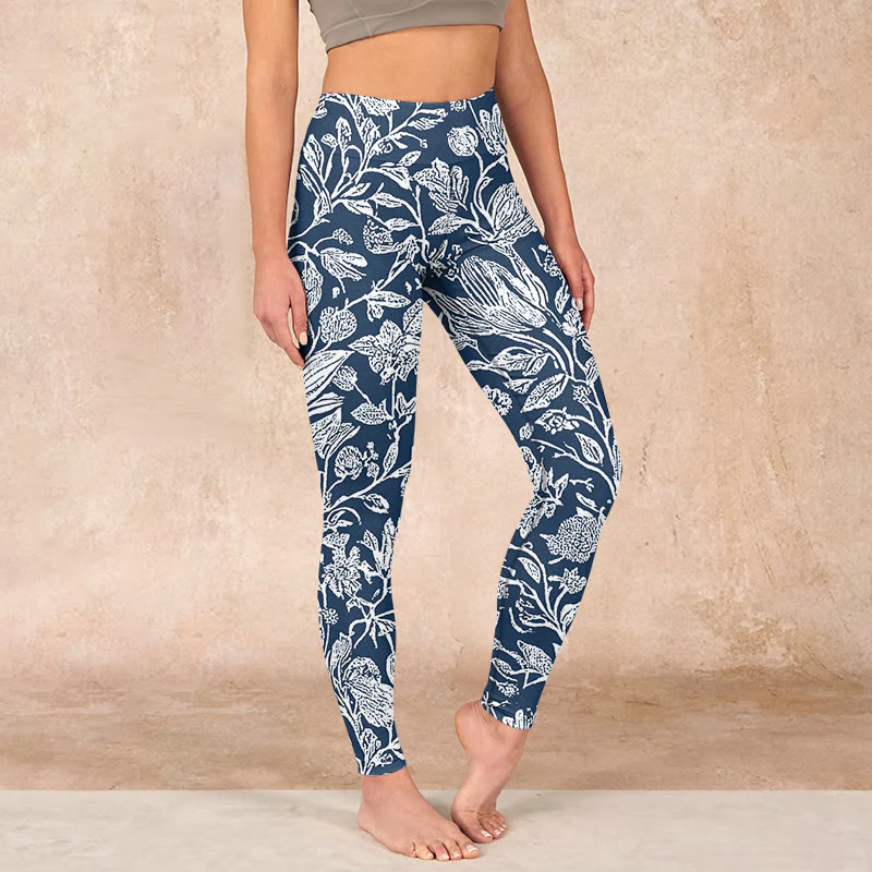 Mocoer Dark Blue Flower Print Fitness Leggings Women's Yoga Pants - Mocoer