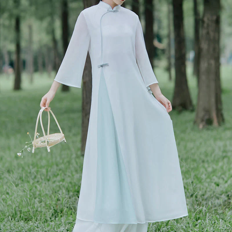 Mocoer Three Quarter Sleeve Chiffon Cheongsam Midi Dress Wide Leg Pants Meditation Zen Practice Clothing - Mocoer