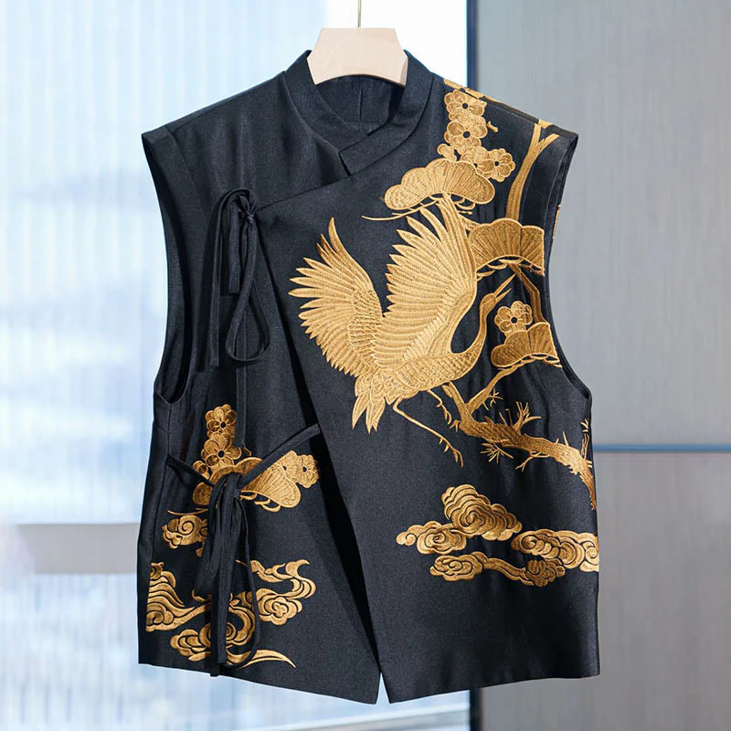 Mocoer Vintage Embroidery Golden Crane Cloud Pattern Vest - Mocoer