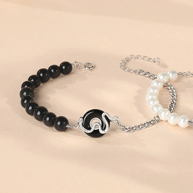 Mocoer Black Obsidian Black Onyx Chalcedony Peace Buckle 925 Sterling Silver Year Of The Snake Pearl Purification Couple's Bracelet - Mocoer