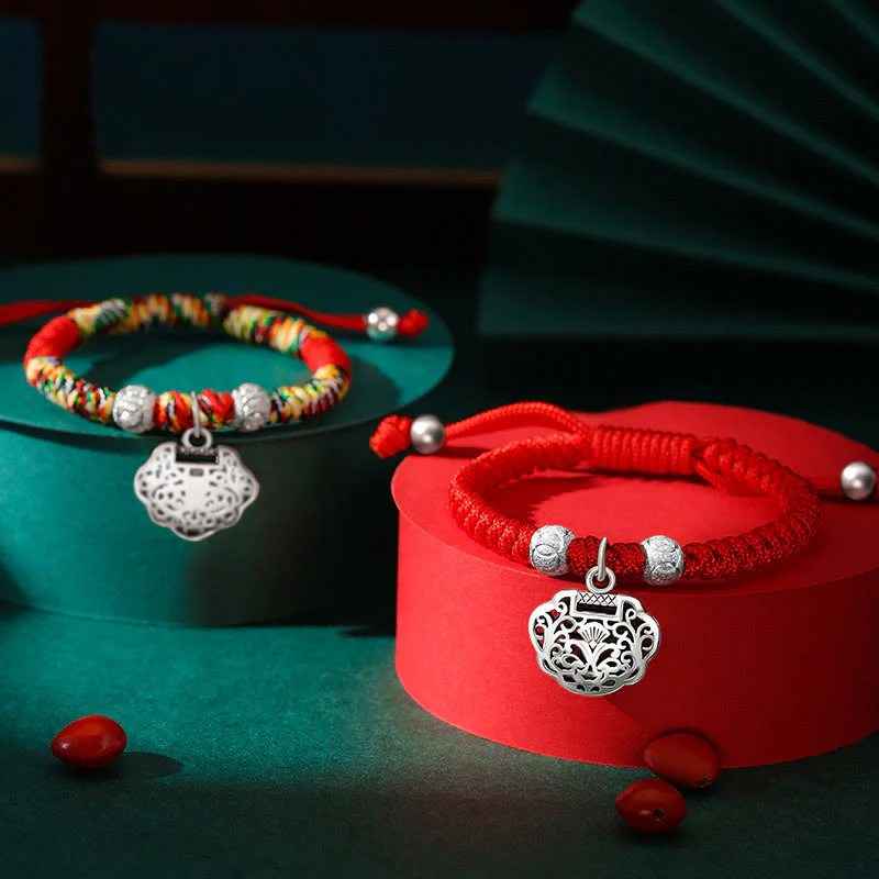Mocoer 925 Sterling Silver Chinese Lock Charm Multicolored Red String Protection Handmade Braided Kids Bracelet - Mocoer