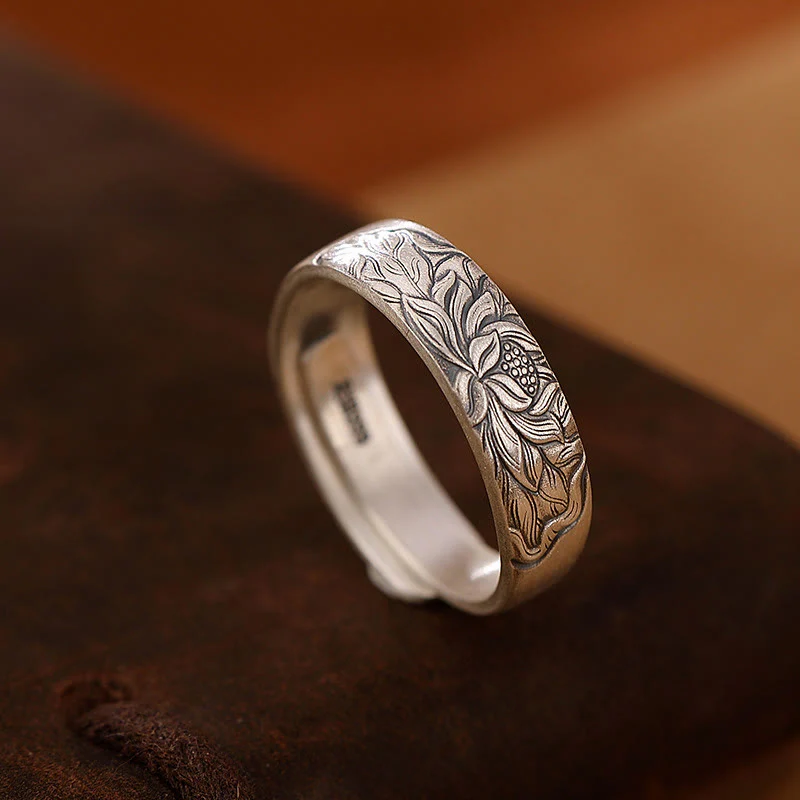 Mocoer 999 Sterling Silver Lotus Flower Plum Blossom Auspicious Clouds Engraved Enlightenment Ring - Mocoer