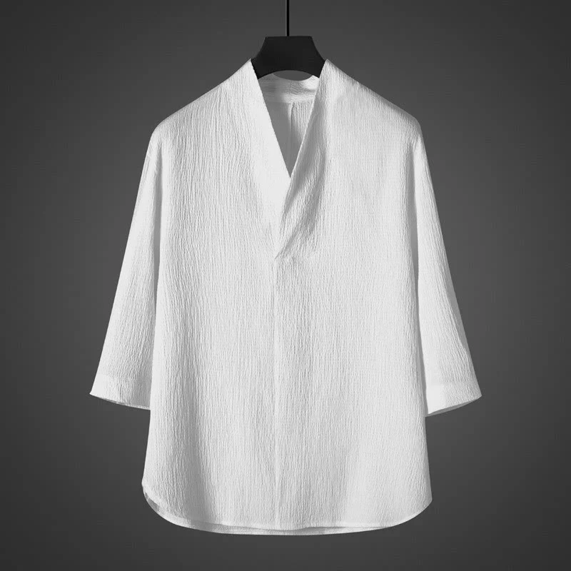 Mocoer Casual V-Neck Linen Three Quarter Sleeve Men's Shirt - Mocoer