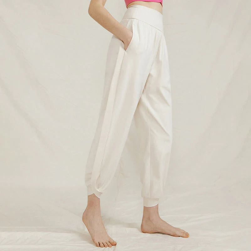 Mocoer Casual Plain High Waist Side Fold Quick Drying Women's Cotton Pants With Pockets - Mocoer