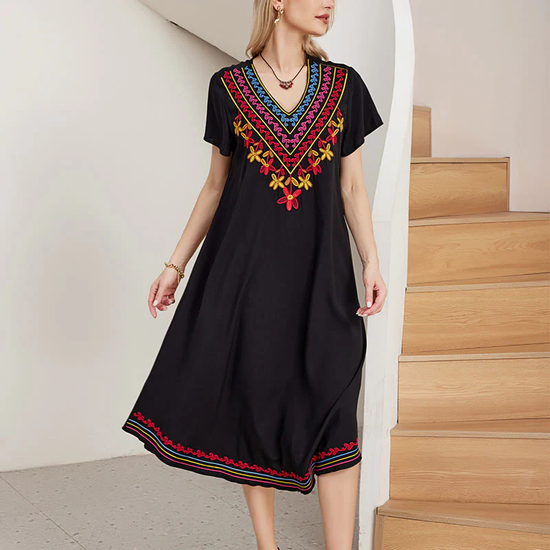 Mocoer Black Summer Casual Bohemian Embroidery Geometric Pattern Short Sleeve V-Neck Cotton Midi Dress - Mocoer