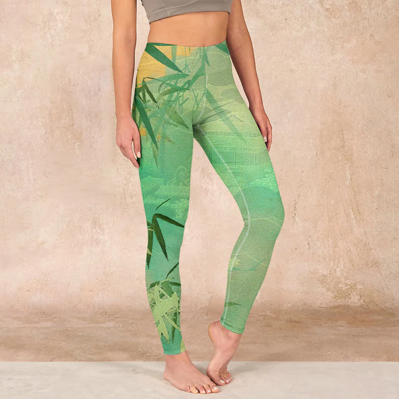 Mocoer Green Bamboo Pavilion Print Gym Leggings Women's Yoga Pants - Mocoer