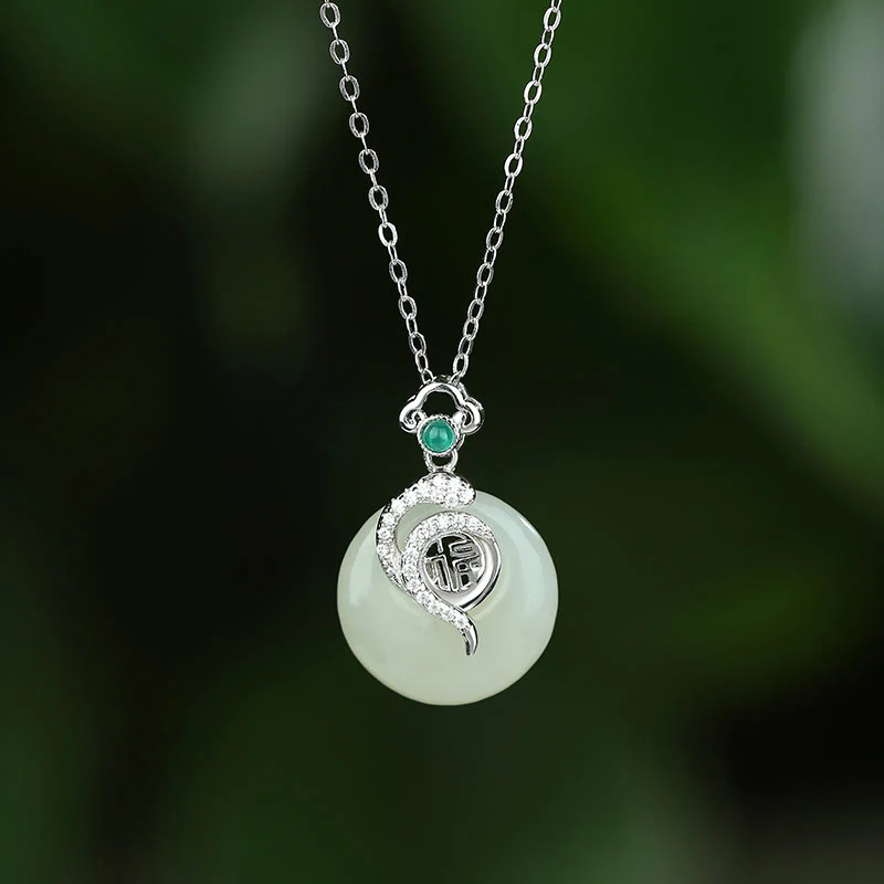 Mocoer 925 Sterling Silver Fu Character Hetian Jade Peace Buckle Year Of The Snake Luck Necklace Pendant - Mocoer