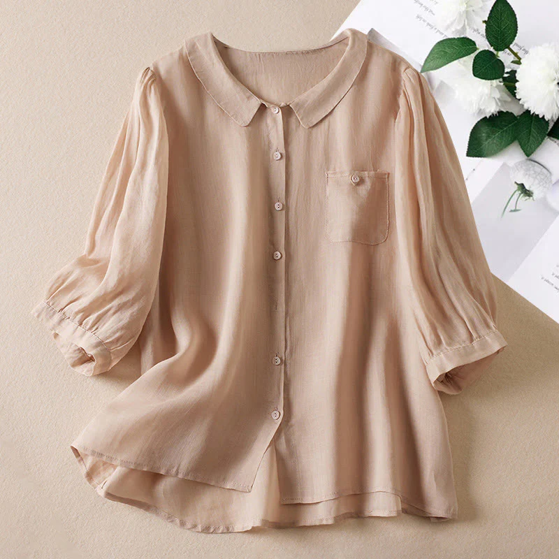 Mocoer Casual Women's Standing Three Quarter Sleeve Design Plain Cotton Blended Shirt - Mocoer