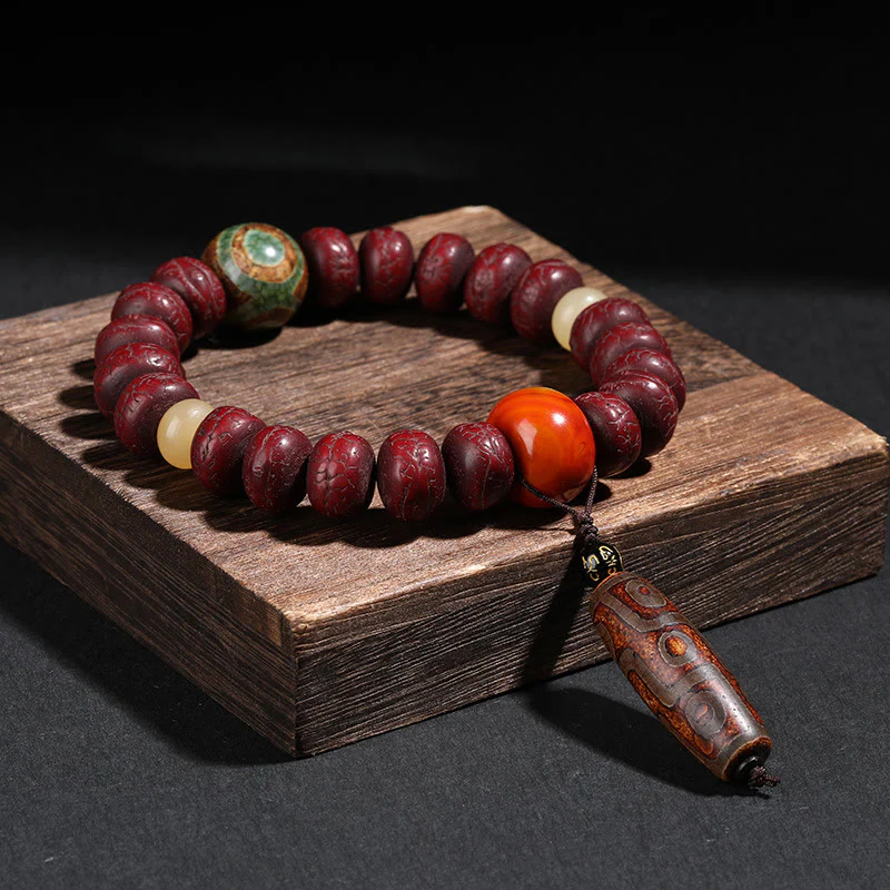 Mocoer Tibet Bodhi Seed Dzi Bead Dancing Lion Luck Bracelet Wrist Mala - Mocoer