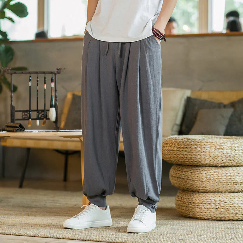 Mocoer Summer Plain Men's Cotton Linen Tapered Pants With Pockets - Mocoer