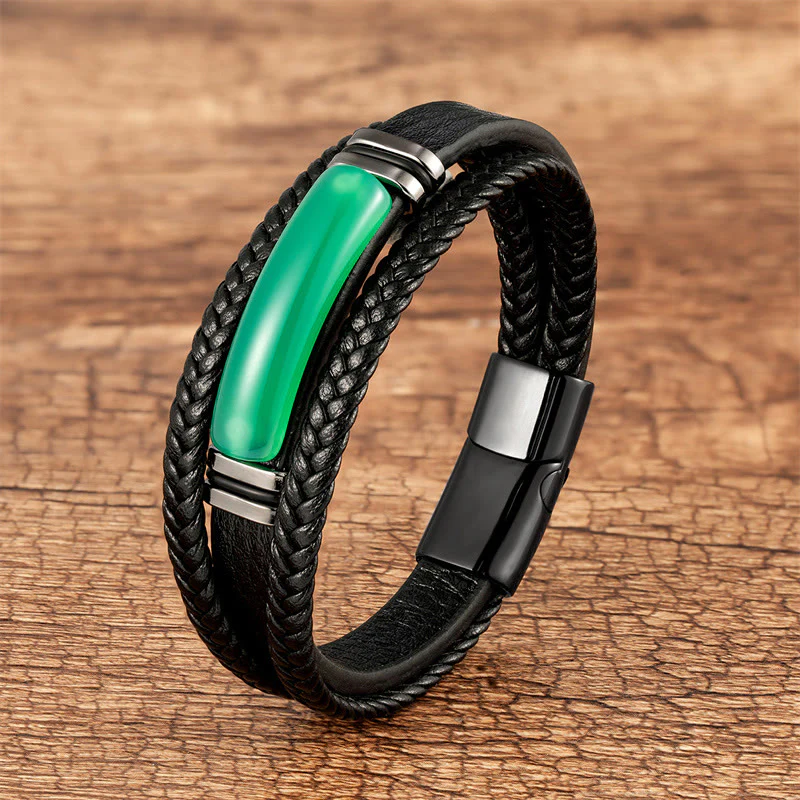 Mocoer Natural Stone Green Agate Power Multilayered Braided Leather Bracelet - Mocoer