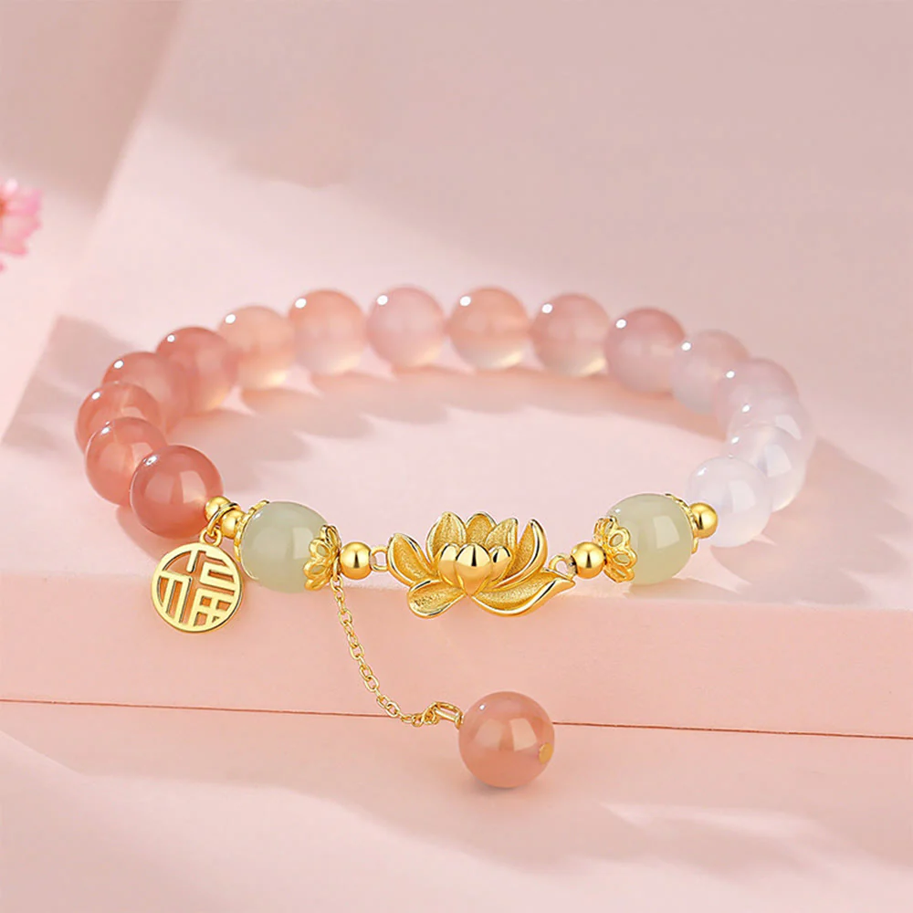 Mocoer 925 Sterling Silver Natural Gradient Agate Hetian Jade Lotus Fu Character Enlightenment Bracelet - Mocoer