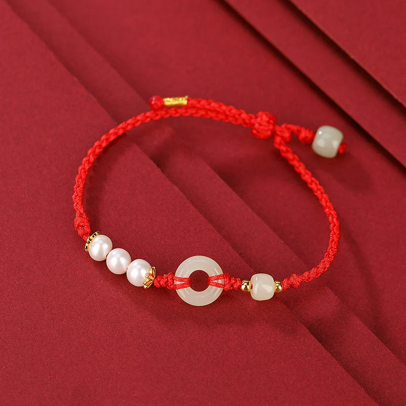 Mocoer 925 Sterling Silver Plated Gold Hetian Jade Peace Buckle Pearl Luck Bracelet - Mocoer