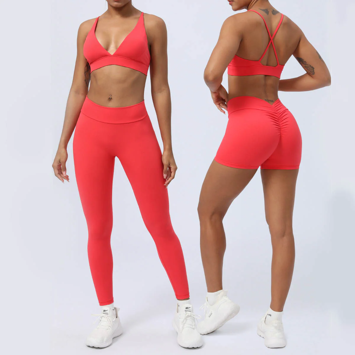 Mocoer 2Pcs Backless Criss-Cross Strap Design Top Bra Shorts Leggings Pants Fitness Yoga Outfit Set - Mocoer