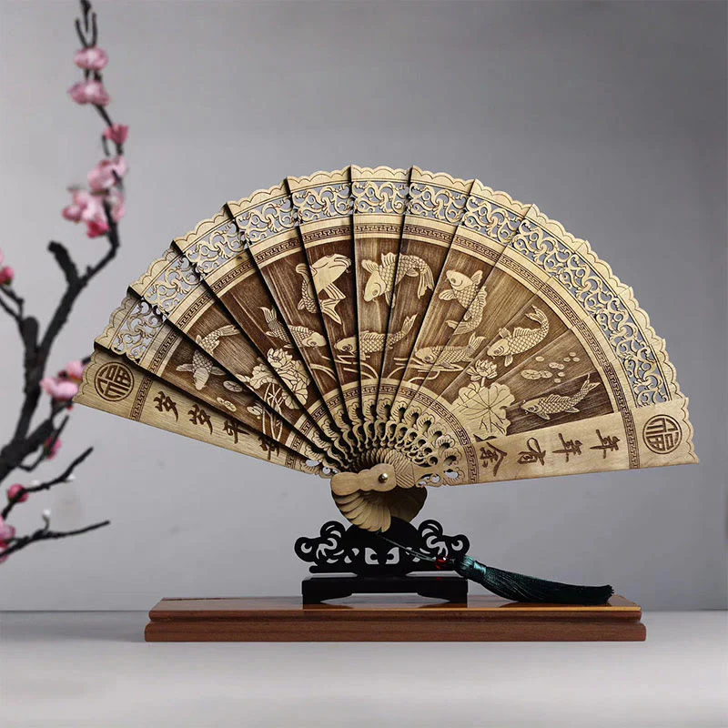 Mocoer Koi Fish Peony Bird Flower Engraved Hollow Handheld Phoebe Zhennan Wood Folding Fan 22cm - Mocoer