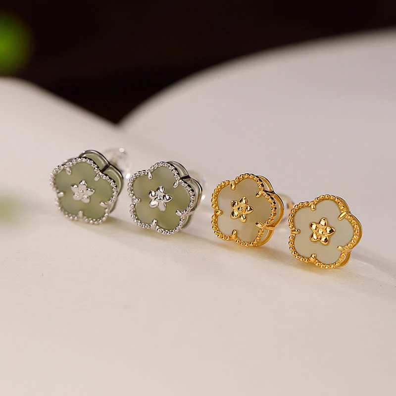 Mocoer 925 Sterling Silver Hetian Jade Plum Flower Luck Stud Earrings - Mocoer