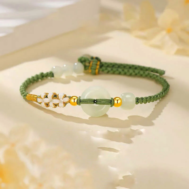 Mocoer Hetian Jade Peace Buckle Luck Peach Blossom Braided Bracelet - Mocoer