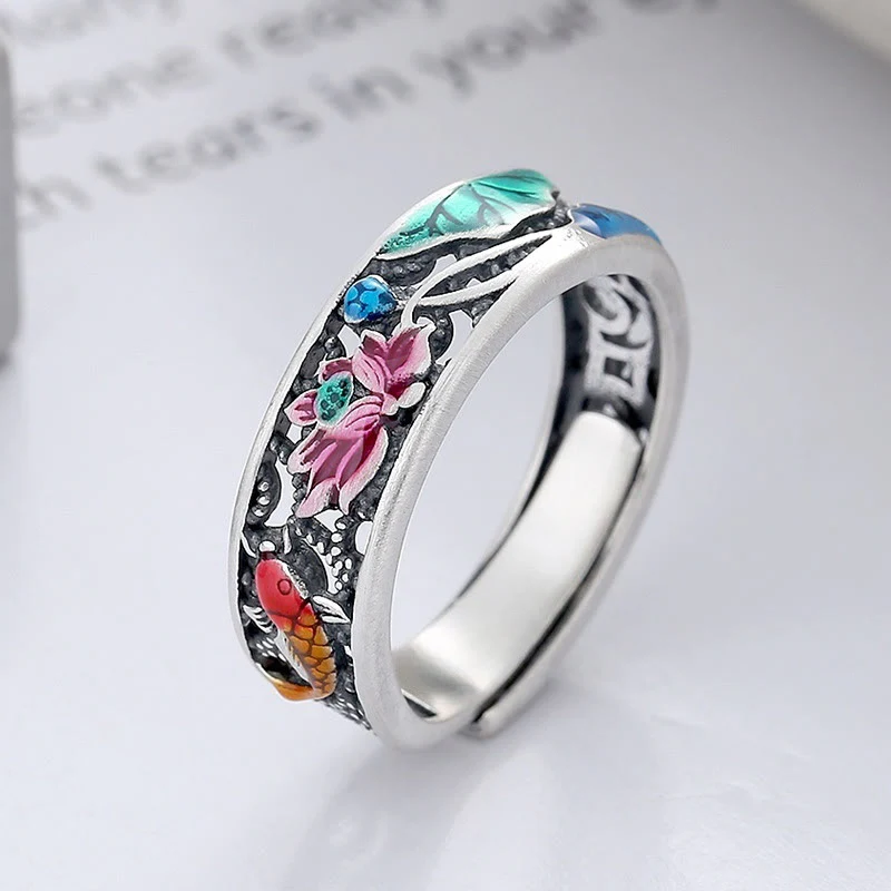 Mocoer 925 Sterling Silver Koi Fish Lotus Luck Everything Goes Well Ring - Mocoer