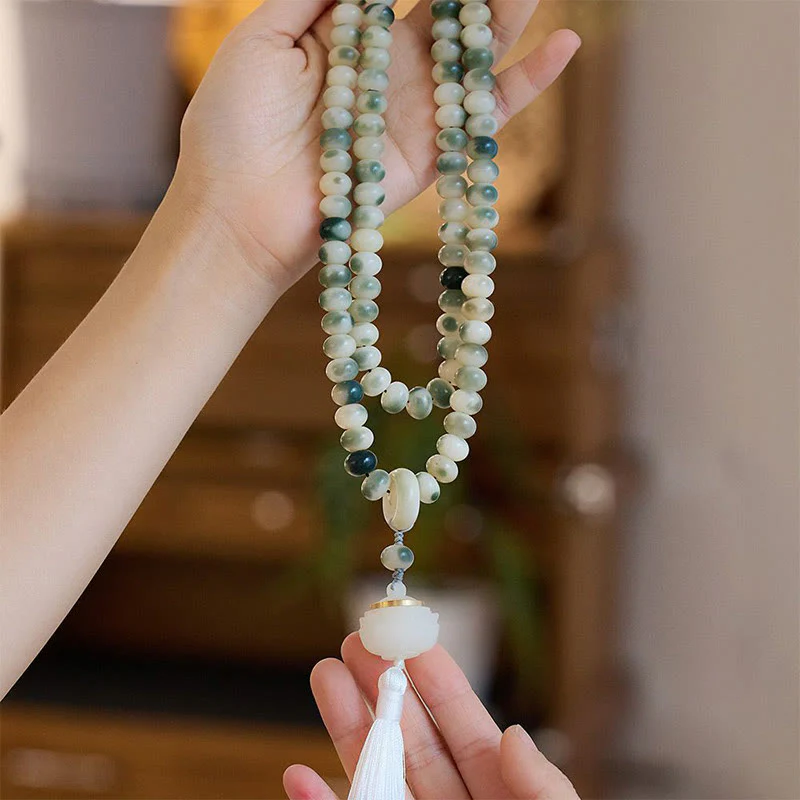 Mocoer Natural 108 Mala Beads Bodhi Seed Lotus Engraved Wisdom Tassel Bracelet - Mocoer