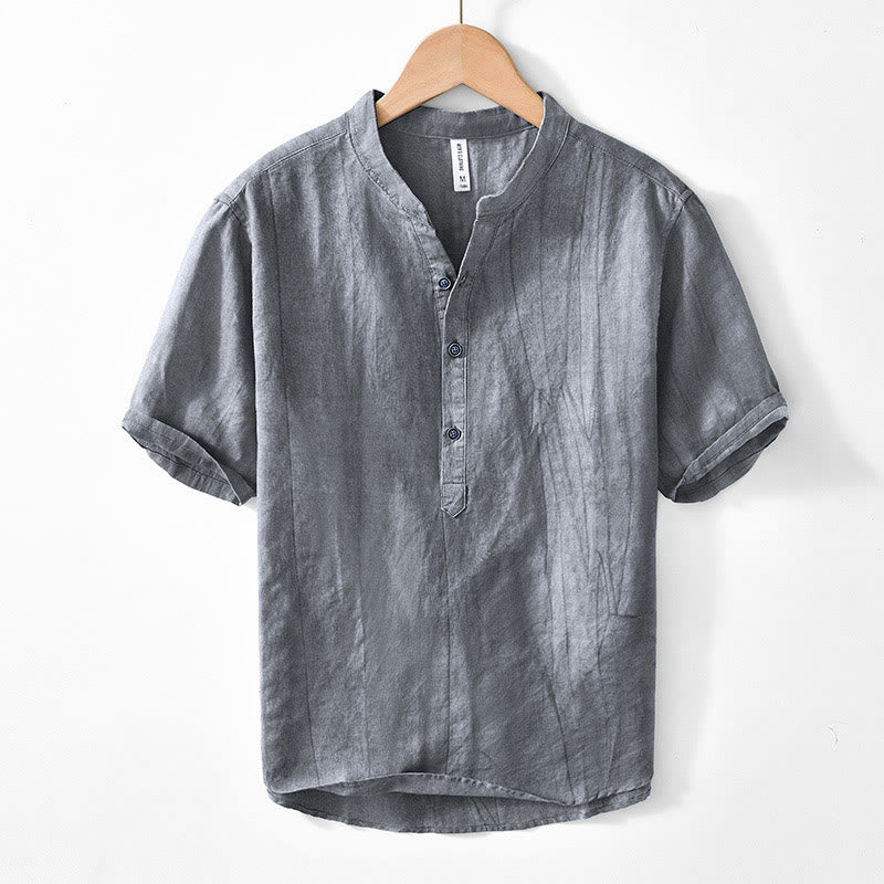 Mocoer Half Button Short Sleeve V-neck Ramie Cotton Men's Shirt - Mocoer