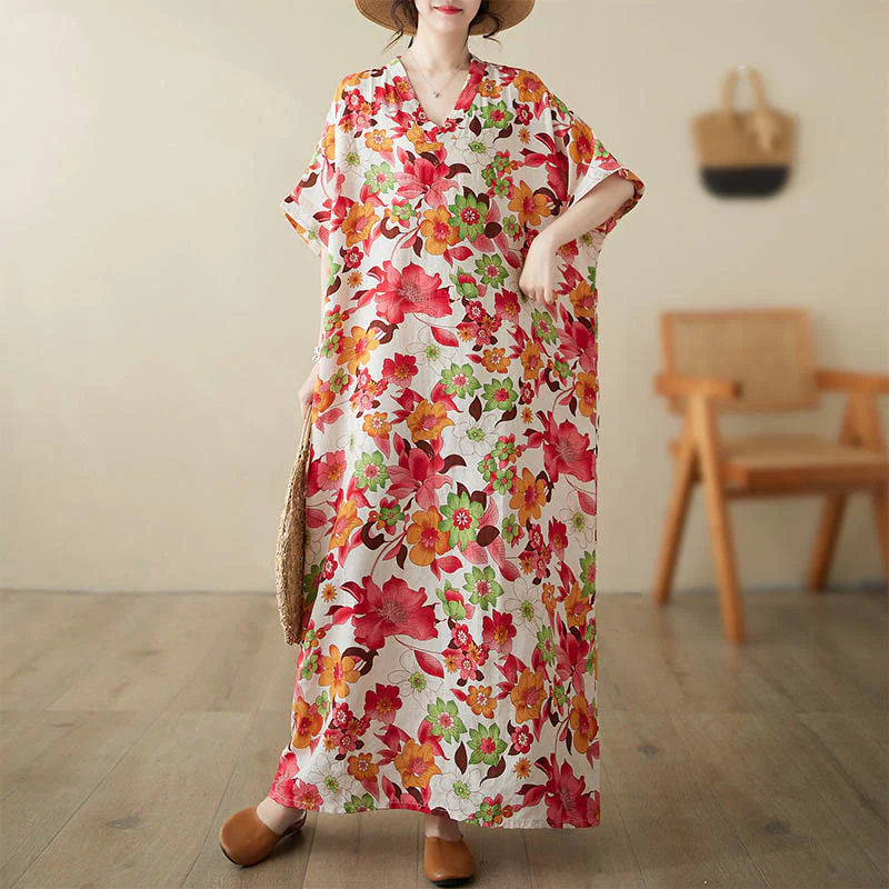 Mocoer Red Blue Green Flowers Midi Dress Cotton Half Sleeve Dress With Pockets - Mocoer