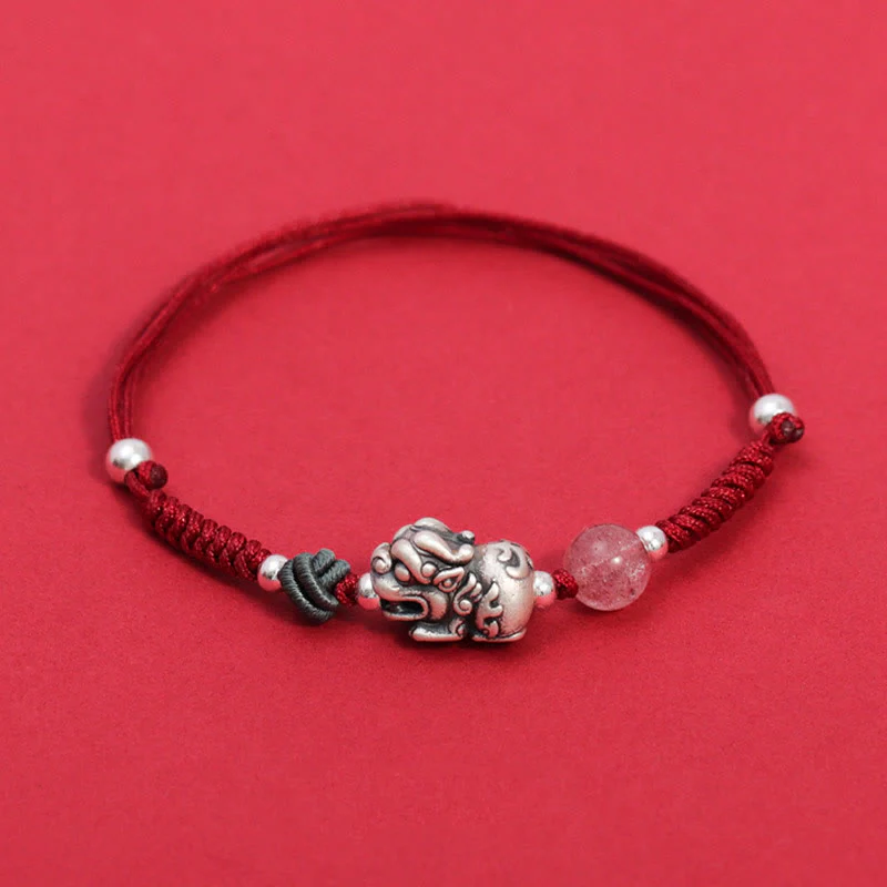 Mocoer 999 Sterling Silver PiXiu Strawberry Quartz Bead Wealth Luck Braided Bracelet - Mocoer