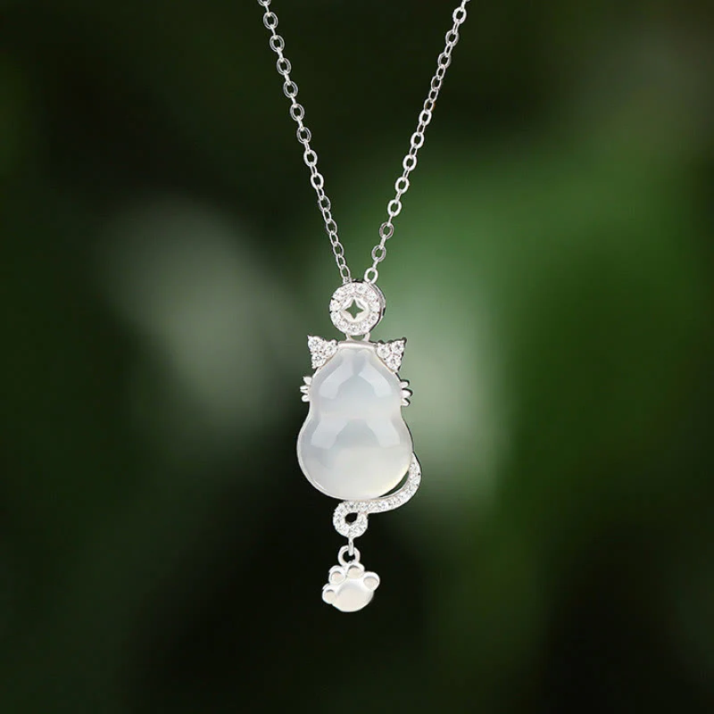 Mocoer 925 Sterling Silver 14k Gold White Jade Gourd Cat Protection Necklace Pendant - Mocoer