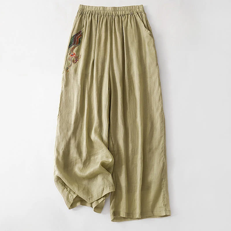 Mocoer Summer Embroidery Double Layer Cotton Linen Women's Wide Leg Pants With Pockets - Mocoer