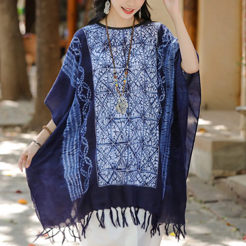 Mocoer Blue Stripe Geometry Indigo Dyeing Shawl Tassels Travel Pullover 90*95cm - Mocoer