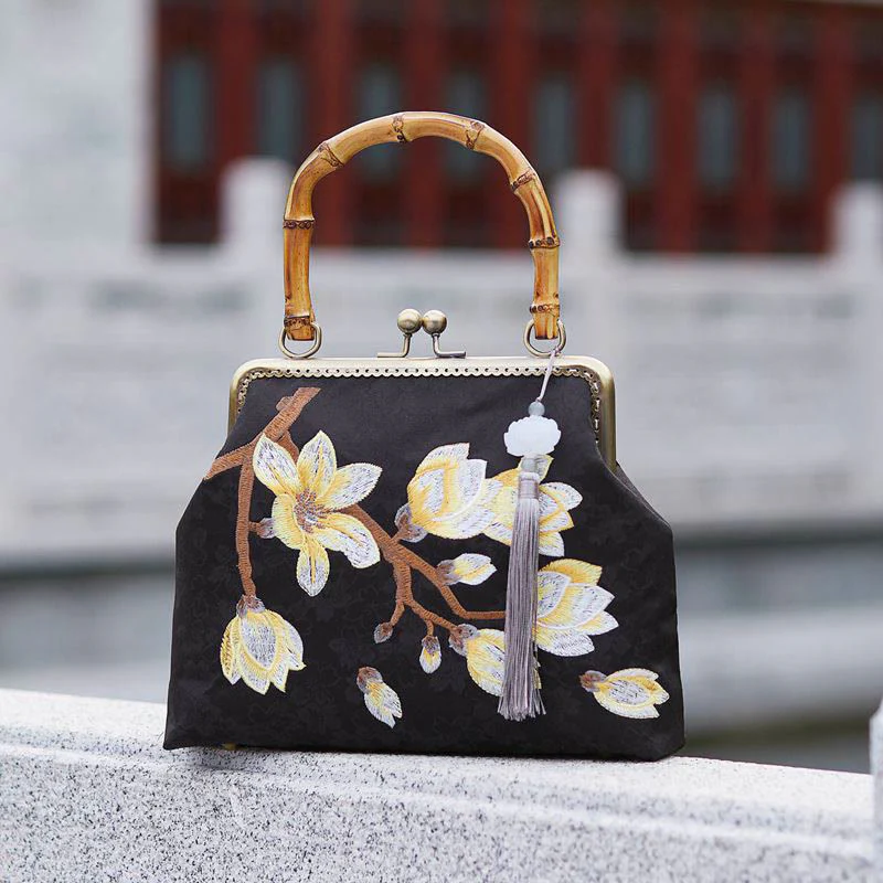 Mocoer Plum Blossom Embroidery Bamboo Handle Handbag Crossbody Bag - Mocoer
