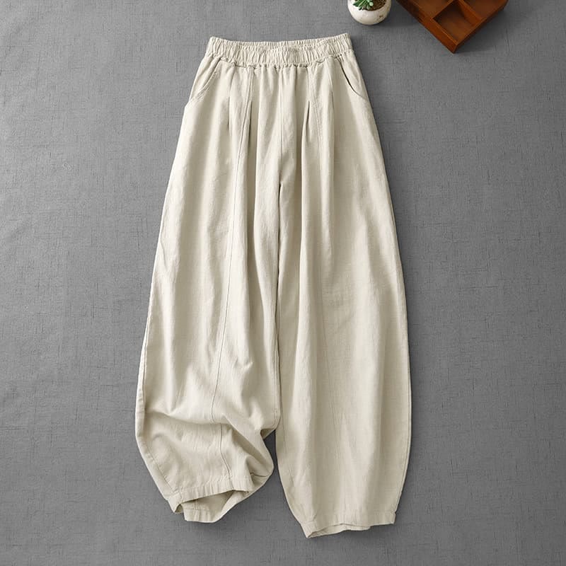 Mocoer Casual Plain 7-8 Length Women's Cotton Linen Harem Pants With Pockets - Mocoer