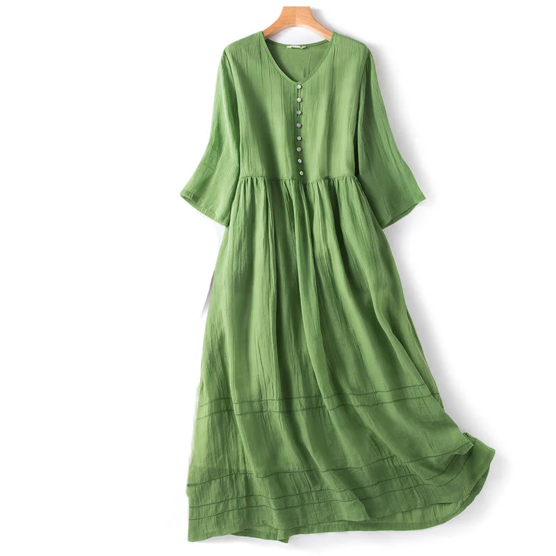Mocoer Summer V-Neck Design Half Sleeve Cotton Linen Midi Dress - Mocoer
