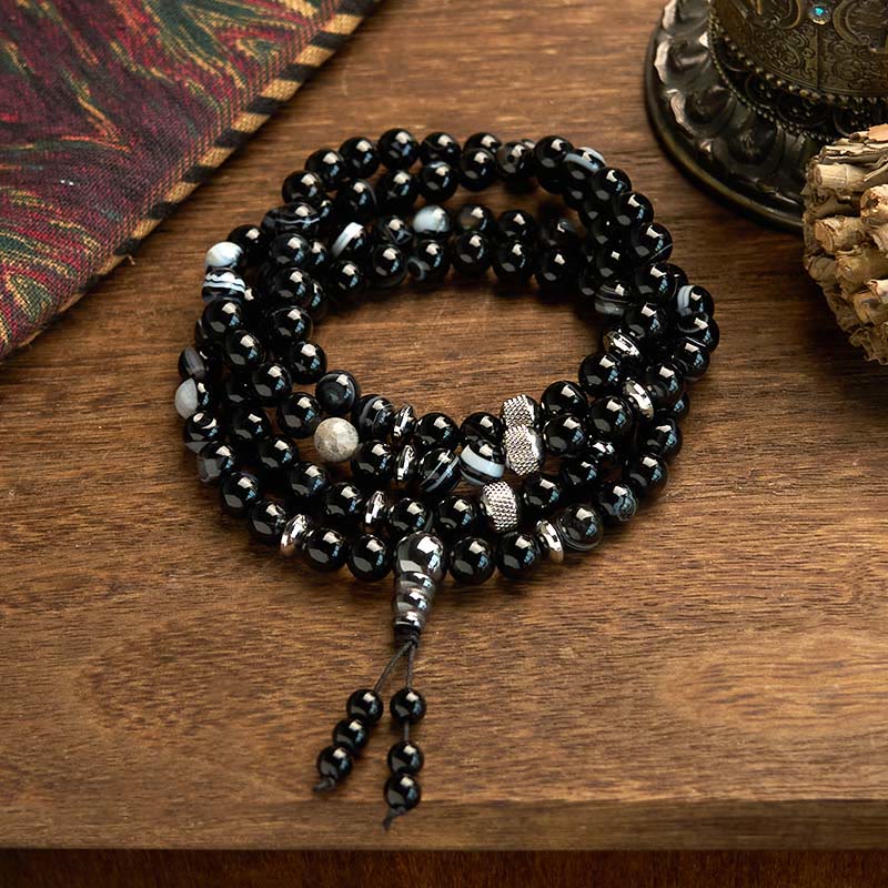 Mocoer 108 Mala Beads Natural Stone Black Onyx Protection Bracelet - Mocoer