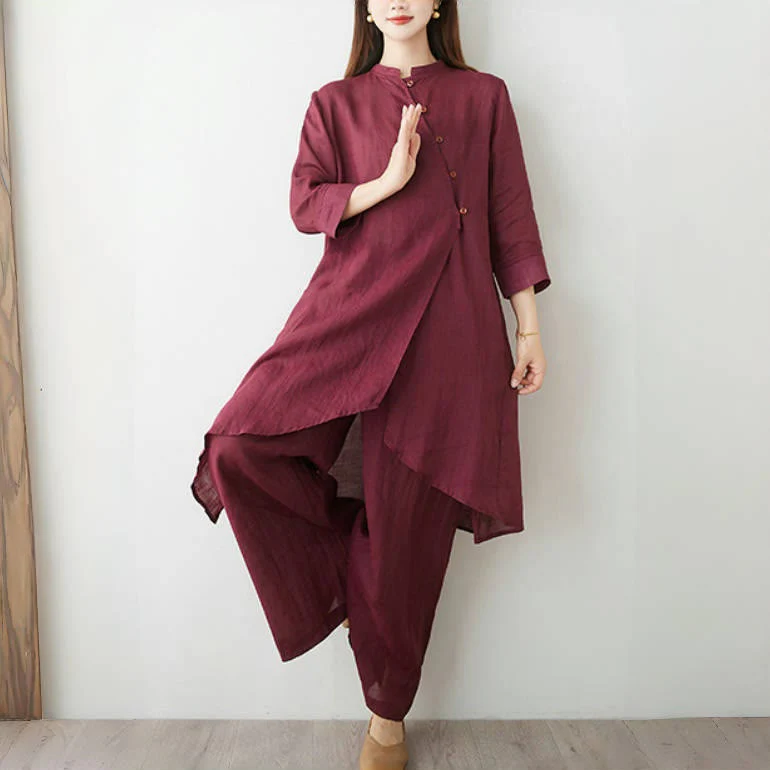 Mocoer 2Pcs Three Quarter Sleeve Shirt Top Pants Meditation Zen Tai Chi Cotton Linen Clothing Women's Set - Mocoer