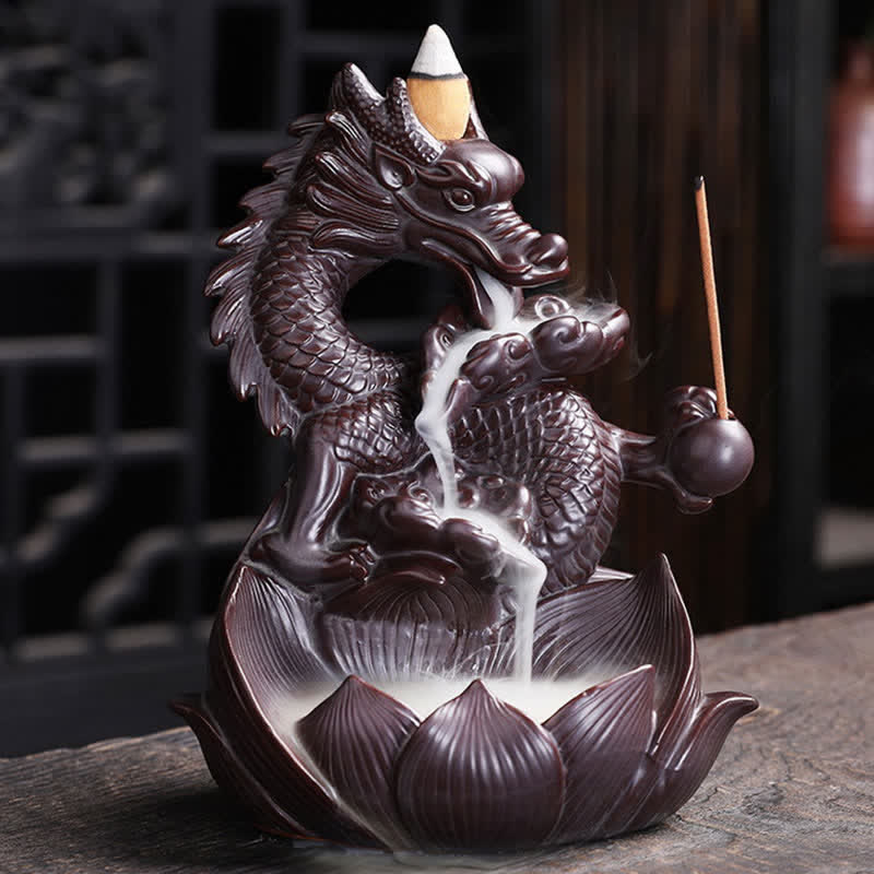 Mocoer Dragon Lotus Pattern Strength Protection Ceramic Incense Burner Decoration - Mocoer
