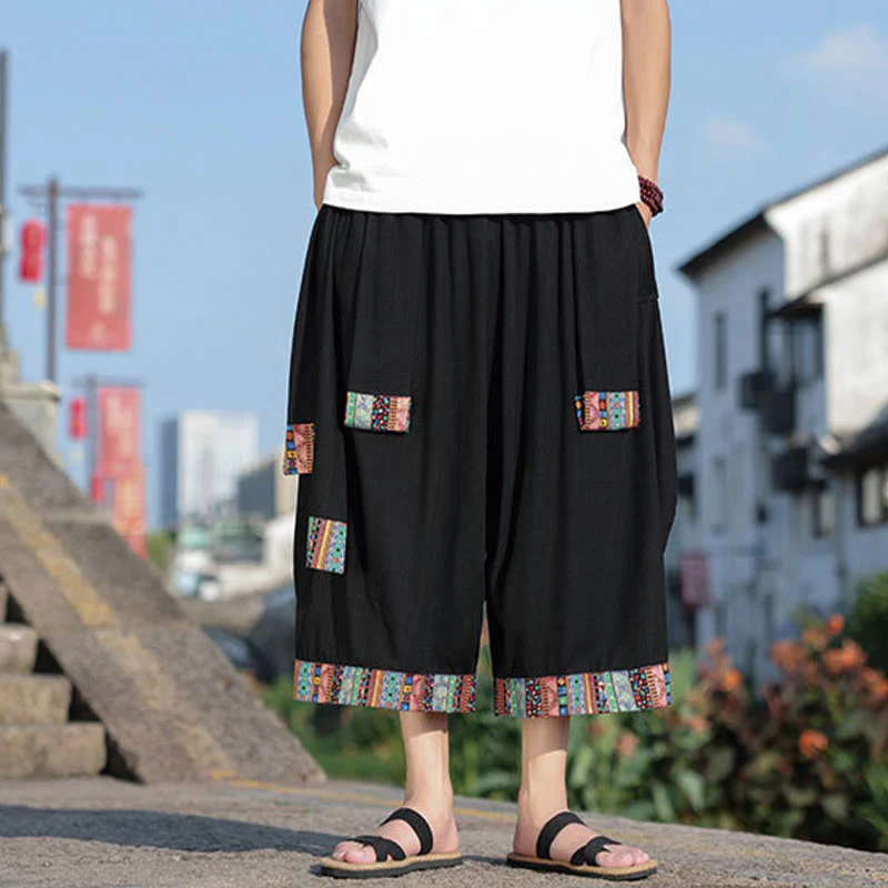 Mocoer Summer Ethnic 7-8 Length Cropped Cotton Men's Wide Leg Pants With Pockets - Mocoer