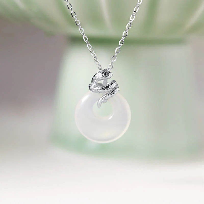 Mocoer Natural Chalcedony Peace Buckle 925 Sterling Silver Year Of The Snake Positive Necklace Pendant - Mocoer